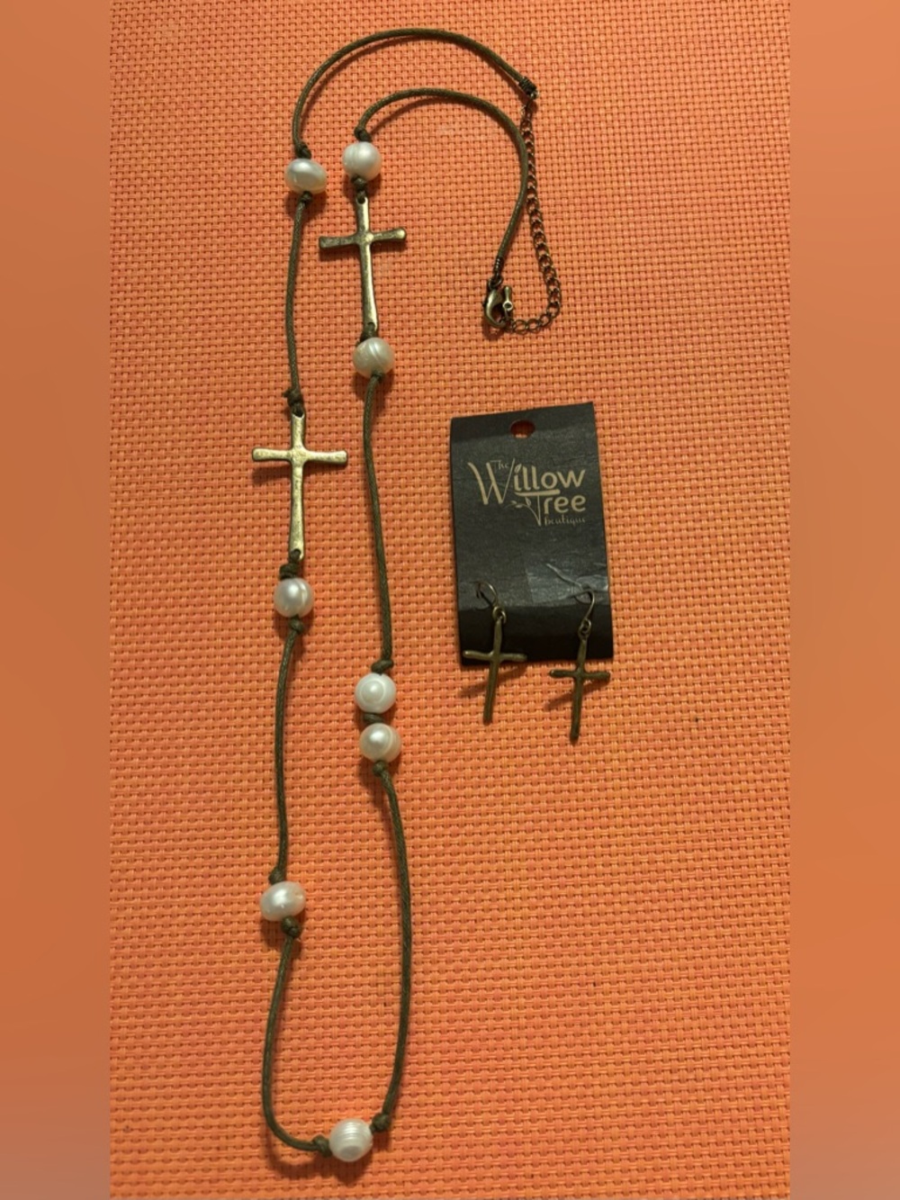 Willow Tree Gold-Tone Cross Necklace and Earring Set with White Beads